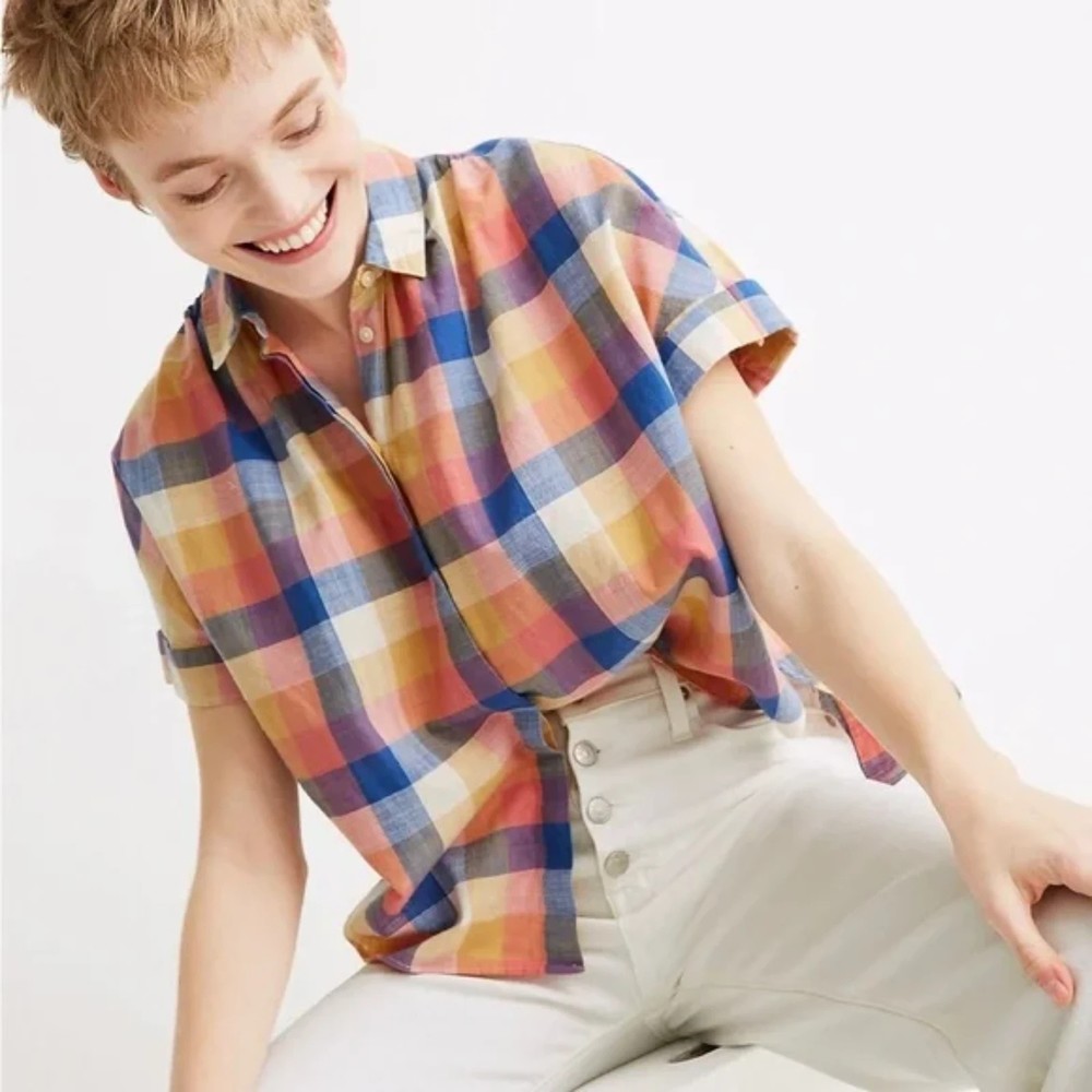 MADEWELL rainbow plaid collared 100% cotton cropped button up top size XS